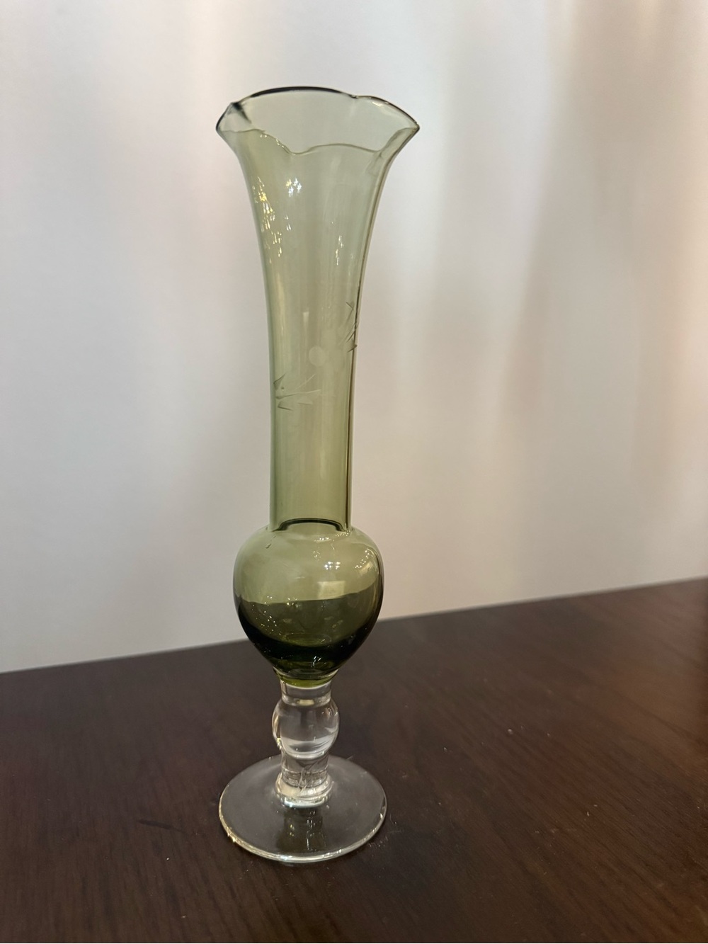 Vintage Olive Green Blown Glass Pedestal Bud Vase Ruffled Edge Etched Cut Flower